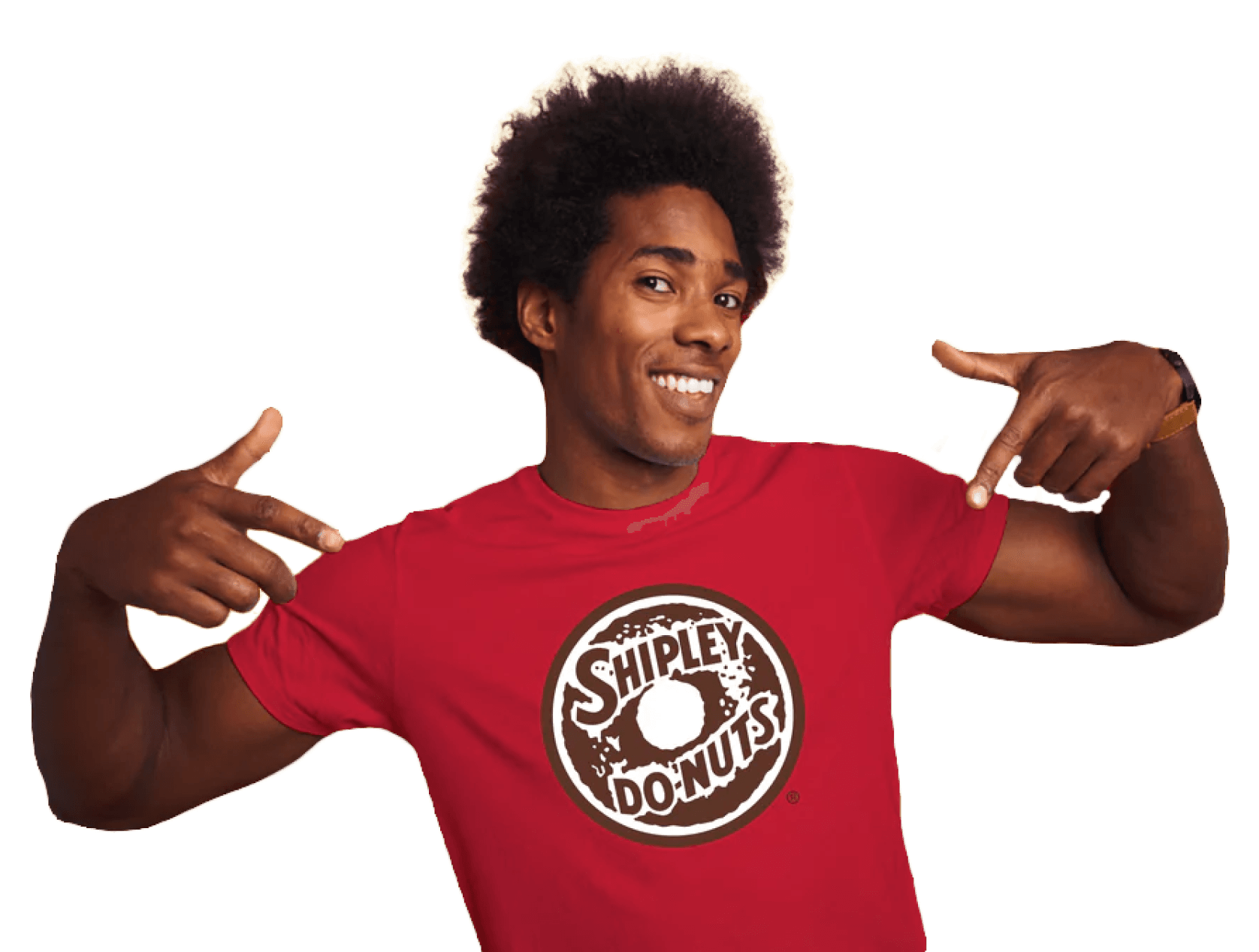 man wearing shipley donuts shirt